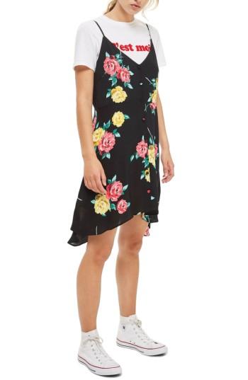 Petite Women's Topshop Button Floral Slipdress P Us (fits Like 0p) - Black