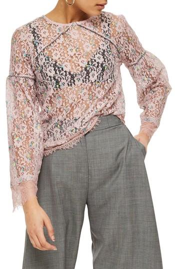 Women's Topshop Stud Trim Lace Top Us (fits Like 0) - Pink