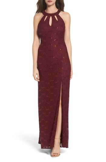 Women's Morgan & Co. Keyhole Lace Column Gown /2 - Burgundy