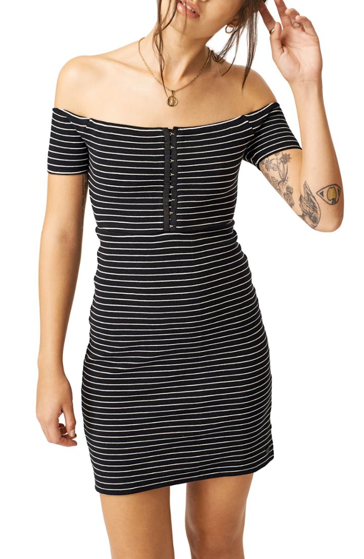 Women's Stone Row She Shore Stripe Off The Shoulder Dress - Black