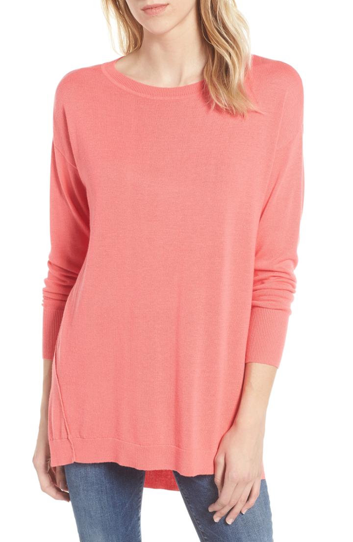 Petite Women's Caslon Zip Back High/low Tunic Sweater, Size P - Coral