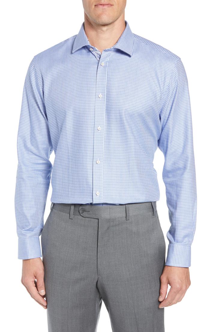 Men's Ted Baker London Franks Trim Fit Houndstooth Dress Shirt .5 32/33 - Blue