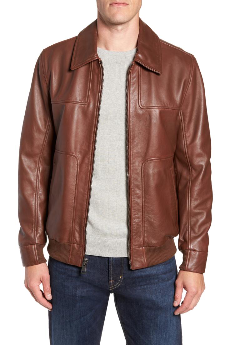 Men's Andrew Marc Vaughn Shirt Collar Leather Bomber Jacket, Size - Brown