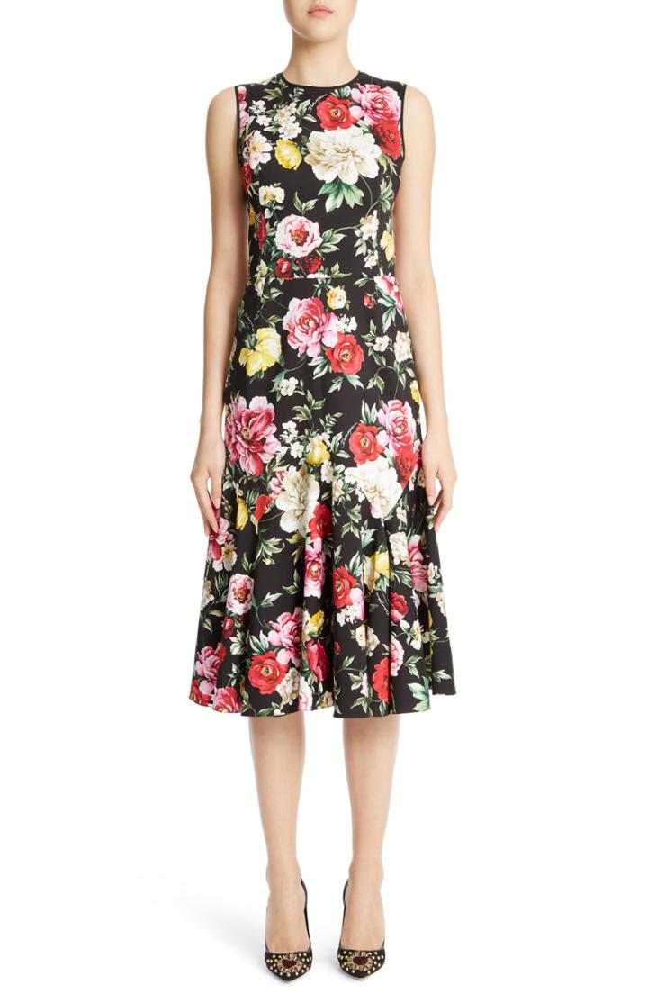 Women's Dolce & Gabbana Floral Print Flare Hem Dress Us / 42 It - Black
