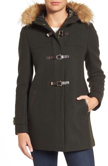 Women's Cole Haan Hooded Duffle Coat With Faux Fur Trim - Green