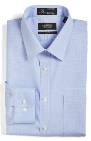 Men's Nordstrom Men's Shop Smartcare(tm) Trim Fit Plaid Dress Shirt - 34/35 - Blue