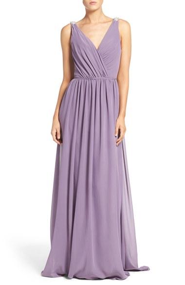 Women's Hayley Paige Occasions Embellished Shoulder V-neck Chiffon Gown - Purple