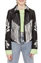 Women's Topshop Austin Floral Silver Fringed Leather Jacket Us (fits Like 0) - Black