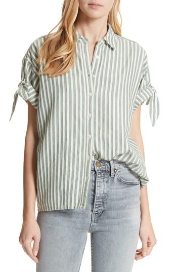 Women's The Great. The Tie Sleeve Stripe Shirt - Green