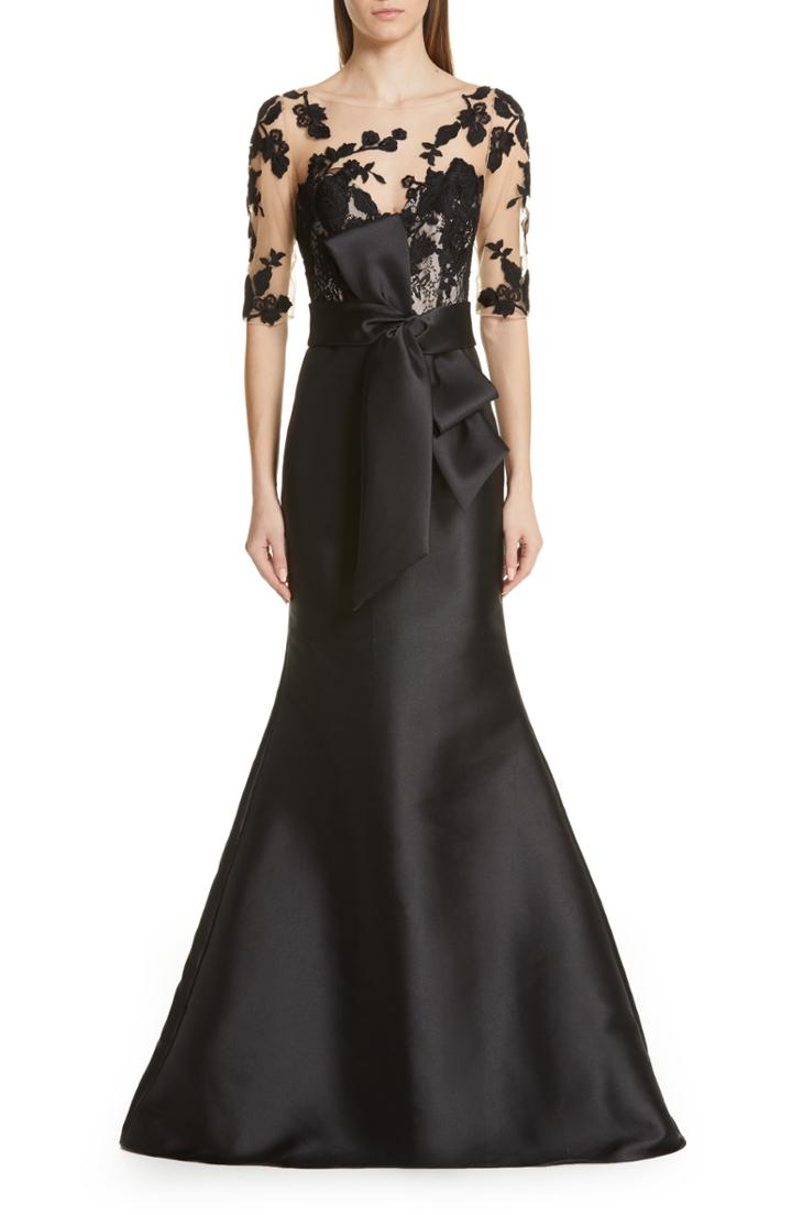 Women's Badgley Mischka Bow Waist Lace Bodice Mermaid Evening Dress - Black