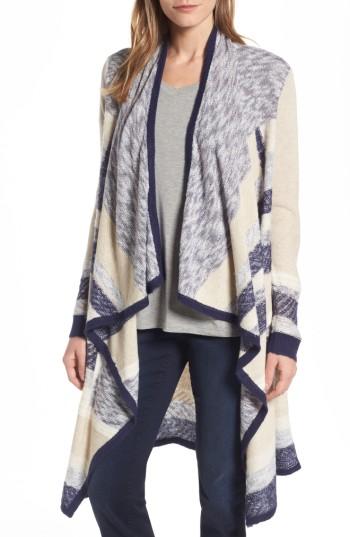 Women's Caslon Mixed Print Open Front Long Cardigan - Beige