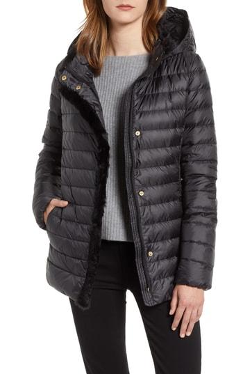 Women's Cole Haan Signature Quilted Down Jacket With Faux Fur Trim - Black