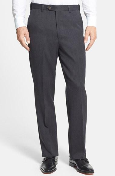 Men's Berle Self Sizer Waist Flat Front Wool Gabardine Trousers X 32 - Black