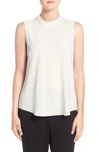 Women's Eileen Fisher Silk Crepe High Neck Sleeveless Blouse, Size - Ivory