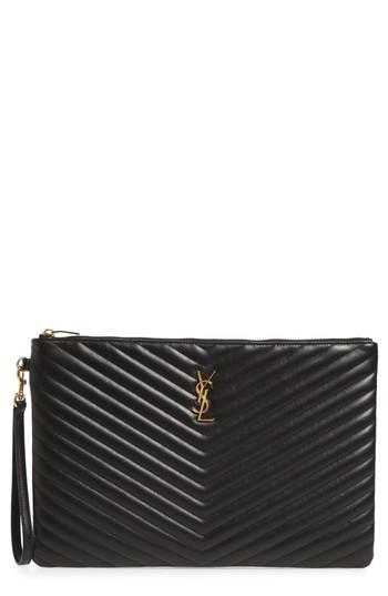 Saint Laurent Large Logo Matelasse Leather Pouch - Black