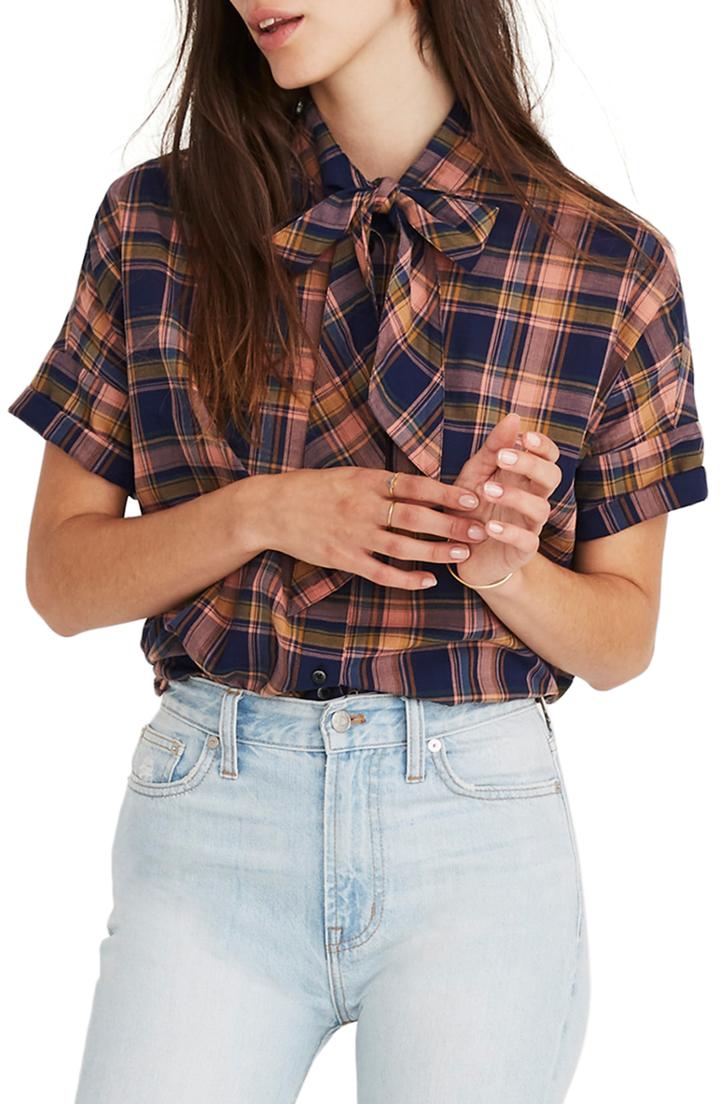 Women's Madewell Tie Neck Short Sleeve Top