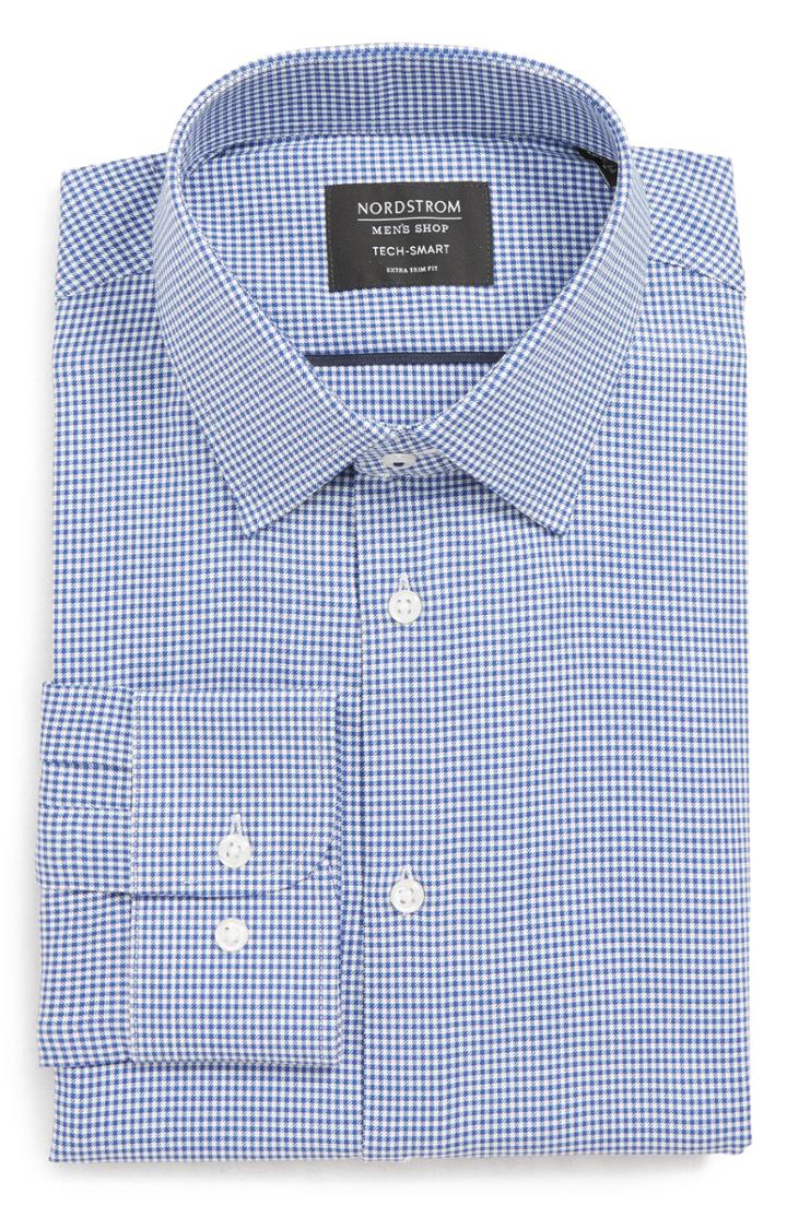 Men's Nordstrom Men's Shop Tech-smart Extra Trim Fit Stretch Check Dress Shirt - 32/33 - Blue