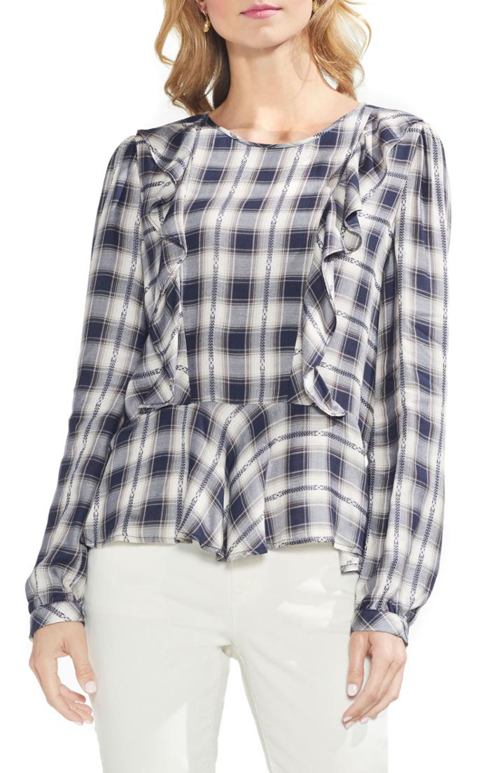 Women's Vince Camuto Plaid Jacquard Ruffle Top - Blue