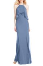 Women's #levkoff Flutter Halter Chiffon A-line Gown W (similar To 16w) - Blue