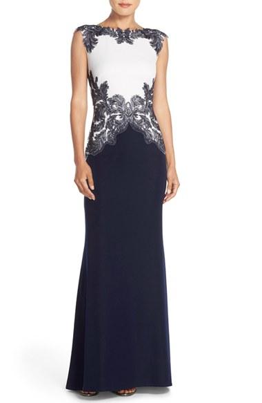 Women's Tadashi Shoji Embroidered Crepe Gown - Blue