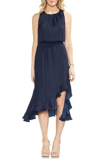 Women's Vince Camuto Cinched Waist Rumple Satin Midi Dress, Size - Blue