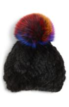 Women's Jocelyn Genuine Mink Fur Beanie With Genuine Fox Fur Pompom - Black