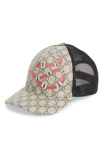 Men's Gucci Snake Print Baseball Cap - Brown