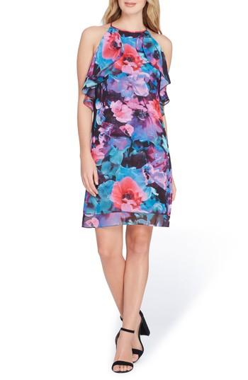 Women's Tahari Sleeveless Floral Ruffle Chiffon Dress - Pink