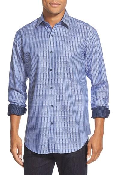 Men's Bugatchi Shaped Fit Print Sport Shirt - Blue