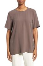 Women's Eileen Fisher Silk Crepe Round Neck Boxy Top, Size - Brown