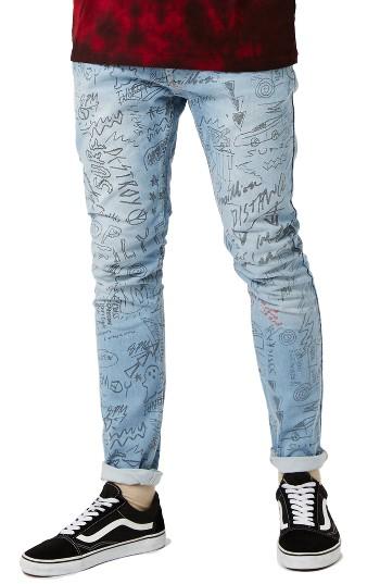 Men's Topman Doodle Print Stretch Skinny Fit Jeans