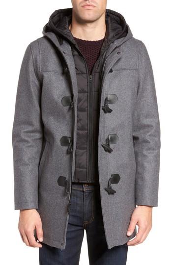 Men's Black Rivet Wool Blend Hooded Duffle Coat, Size - Grey