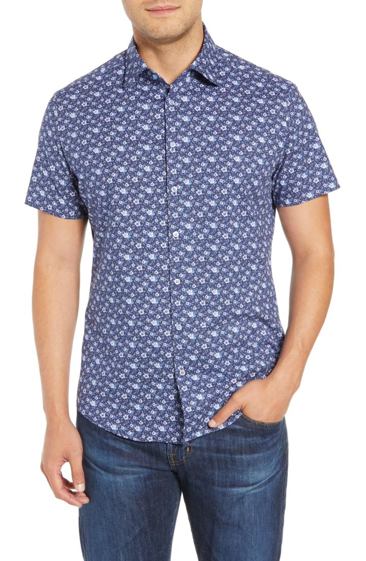 Men's Stone Rose Regular Fit Floral Print Knit Sport Shirt, Size - Blue