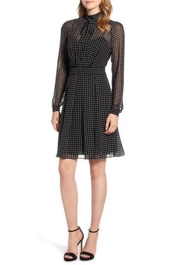 Women's Anne Klein Georgette Tie Neck A-line Dress - Black