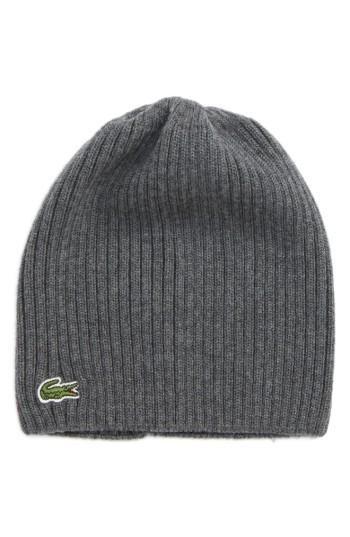 Men's Lacoste Rib Knit Wool Beanie - Grey