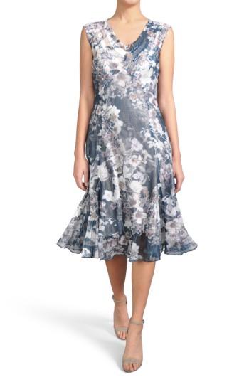 Women's Komarov Print Pleated Chiffon & Charmeuse Dress - Blue