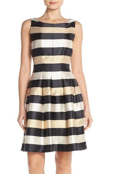 Women's Chetta B Stripe Metallic Woven Fit & Flare Dress