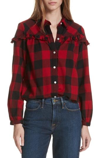Women's Frame Ruffle Trim Buffalo Check Shirt - Red