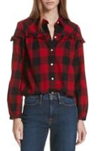 Women's Frame Ruffle Trim Buffalo Check Shirt - Red