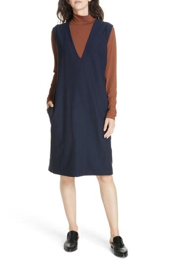 Women's Eileen Fisher Deep V-neck Knee Length Shift Dress - Blue