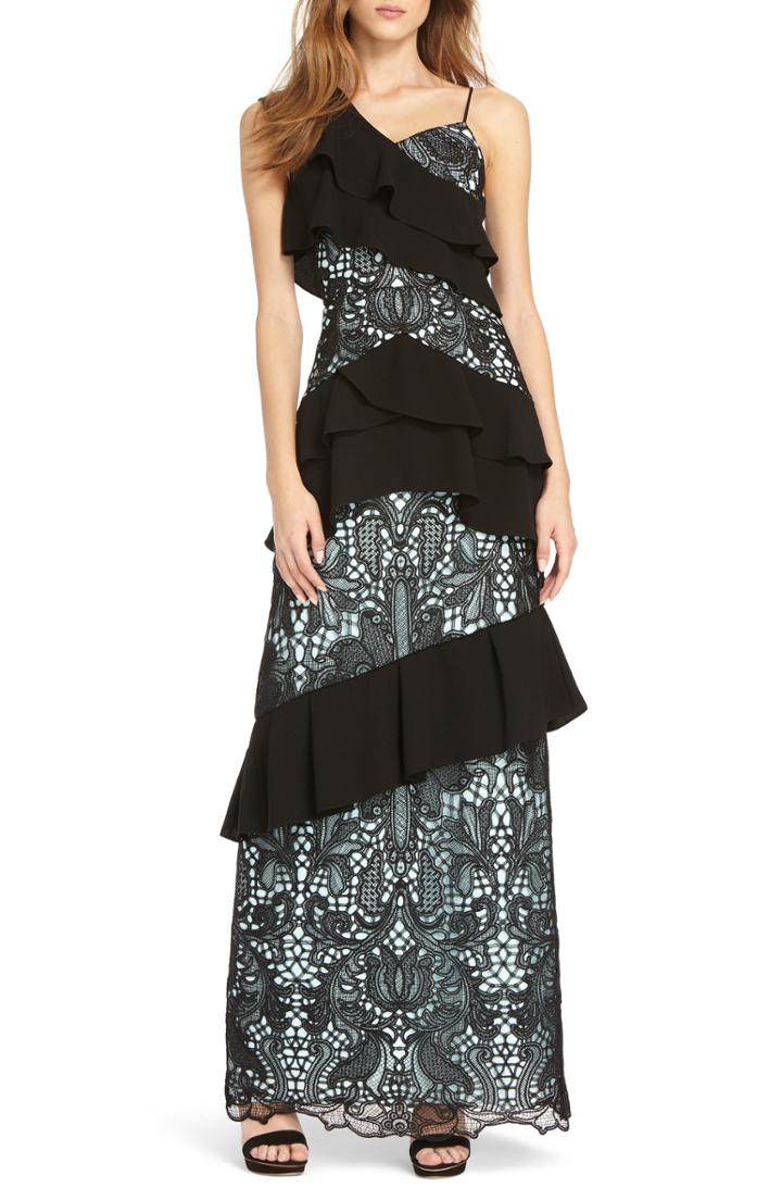 Women's Tadashi Shoji Crepe & Embroidered Lace Gown
