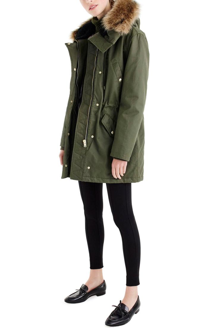 Petite Women's J.crew Perfect Winter Parka With Faux Fur Trim P - Green