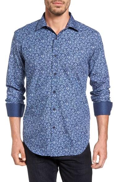 Men's Bugatchi Shaped Fit Graphic Print Sport Shirt, Size - Purple