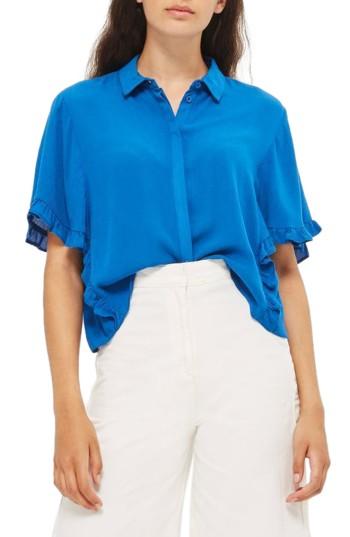 Women's Topshop Katie Frill Sleeve Shirt Us (fits Like 10-12) - Blue