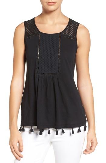 Petite Women's Caslon Tassel Trim Embroidered Tank P - Black