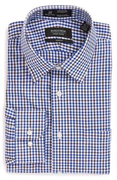 Men's Nordstrom Men's Shop Smartcare(tm) Trim Fit Check Dress Shirt - 32/33 - Brown