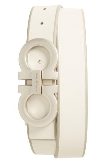 Men's Salvatore Ferragamo Double Gancio Leather Belt - Chalk