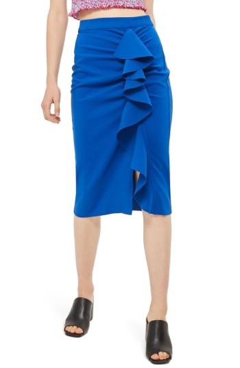 Women's Topshop Ruffle Pencil Skirt Us (fits Like 0-2) - Blue
