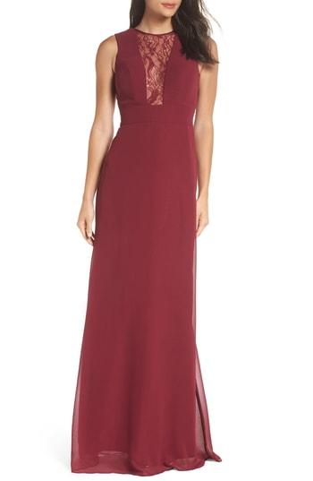 Women's Hayley Paige Occasions Lace Inset Chiffon Gown - Burgundy