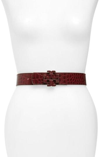 Women's Tory Burch Stack T Logo Croc Embossed Leather Belt - Burgundy